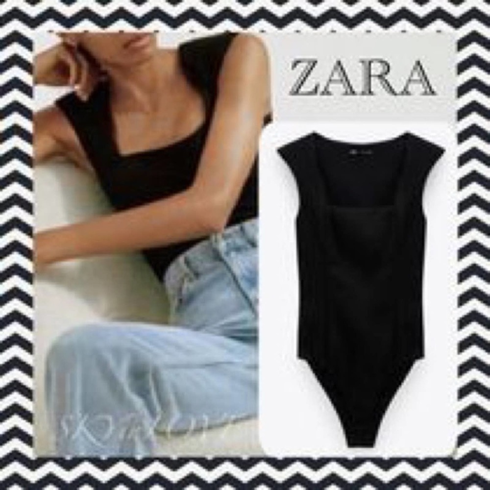 Zara Black  Bodysuit square neckline With Shoulder pads NWT Size Small